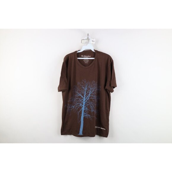 Y2K Subaru Mens XL Distressed Spell Out Tree Racing Short Sleeve T-Shirt Brown - Picture 1 of 14